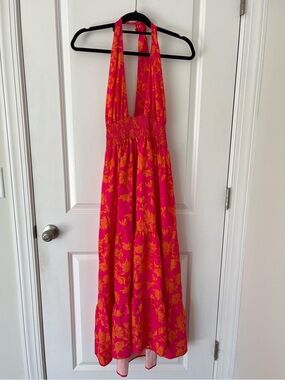 Pink & Orange Floral Small Maxi Halter Summer Dress
